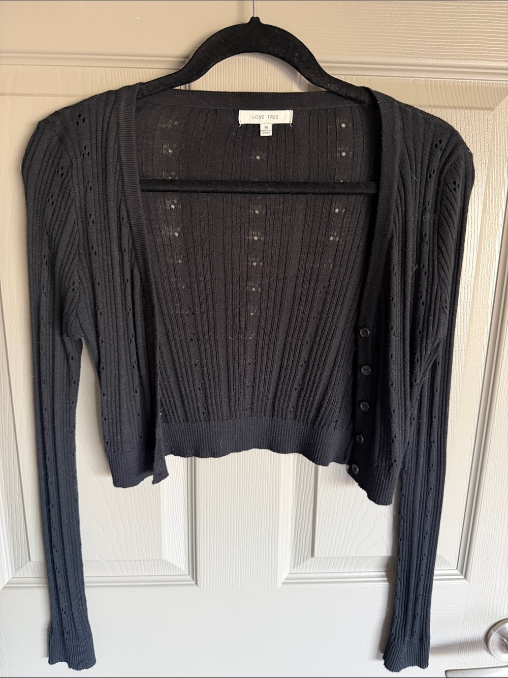 Love Tree Black Ribbed Openwork Button-Front Cardigan